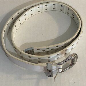 Western Style Studded Belt with Silver Floral Accented Buckle & Tip, White 38"